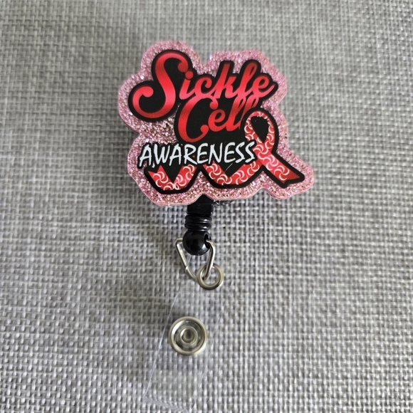 Sickle Cell Black Red Pink Retractable Work Name Badge ID Reel Holder - Picture 1 of 2